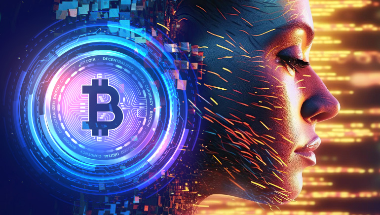 Kuva tekoäly-henkilöstä ja Bitcoin- kryptovaluutasta